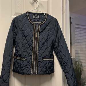 Dark Navy Blue  Quilted Chain-Trim Puffer Jacket